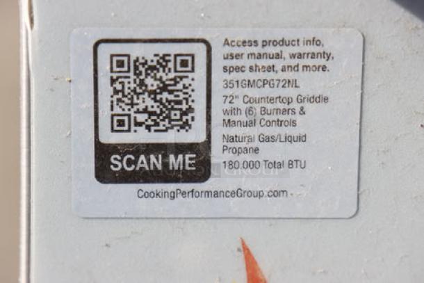 Sticker label on a Cooking Performance Group griddle offering QR code for product info; specifies 72" size, manual controls, 180,000 BTU.
