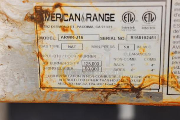 Alt text: American Range ARWR-J16 Natural Gas Jet Wok Range label, showing model, serial number R168102451, and BTU specifications.