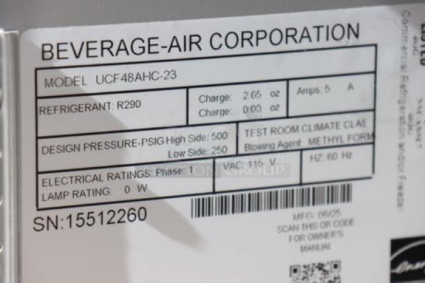 Beverage-Air UCF48AHC-23 undercounter freezer label, model and electrical info visible. Serial No: 15512260.