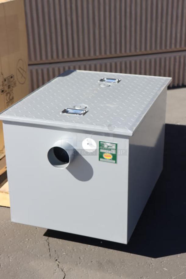 Regency 600GT50 grease trap, 100 lb, 50 GPM, 4" non-threaded. PDI Certified; new but missing small parts. Metal finish.