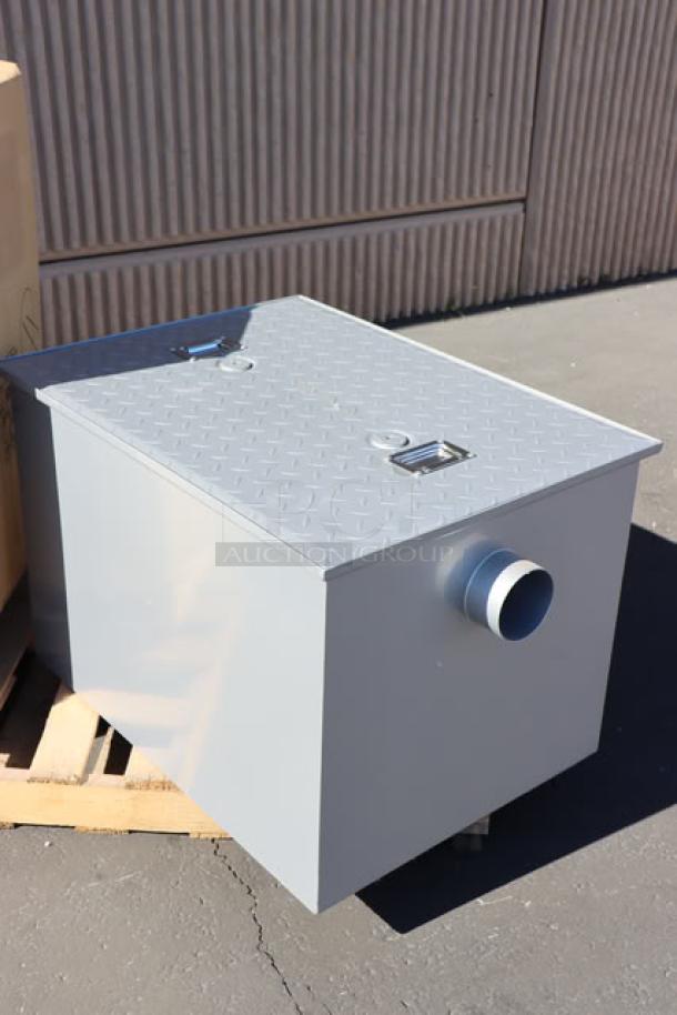 Brand new Regency 600GT50 100 lb. 50 GPM grease trap with 4" non-threaded connections, PDI certified. Out of packaging.