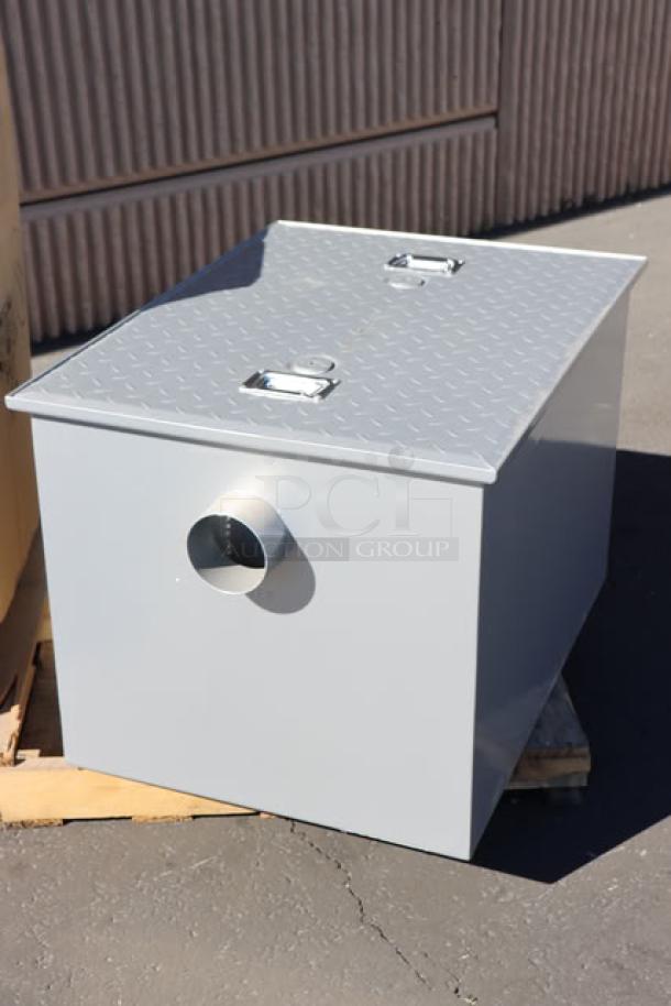 Regency 600GT50 100 lb. grease trap, 50 GPM, non-threaded connections, PDI certified, new condition, missing small parts.