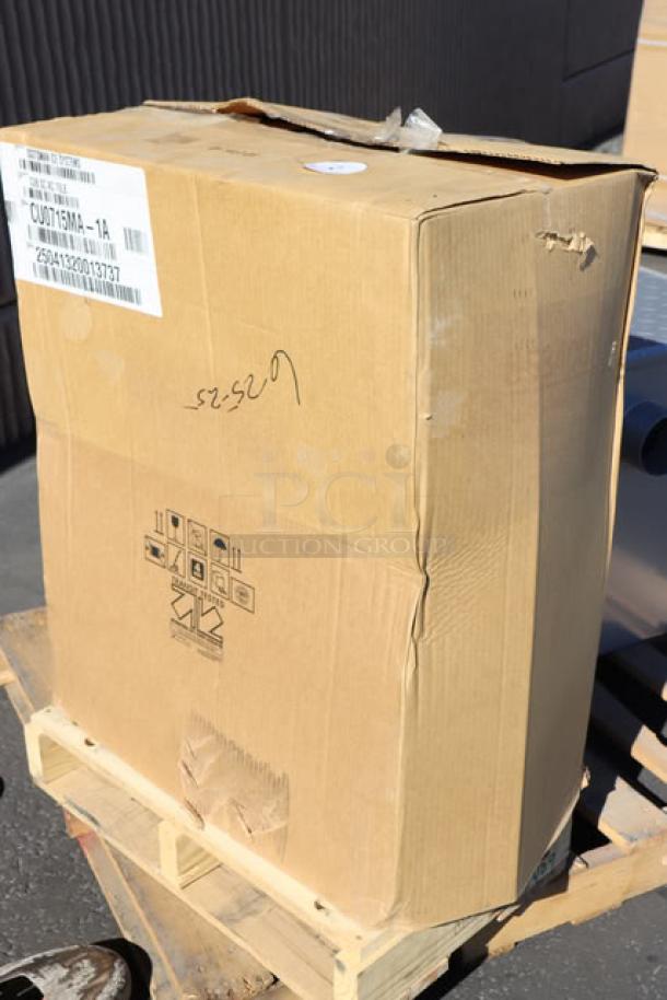 Scotsman CU0715MA-1 15" ice machine, new in box, dented back corner. Serial: 25041320013737. Box on wooden pallet.