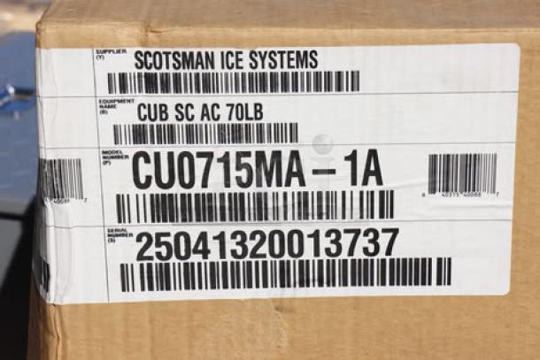 BRAND NEW Scotsman CU0715MA-1 15" Air Cooled Ice Machine, medium cube, 80 lb capacity, S/N 25041320013737, dented back corner.