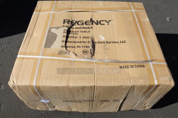 Regency SDT-36L dish table in original packaging. Features left drainboard, 16-gauge stainless steel. Brand new condition.
