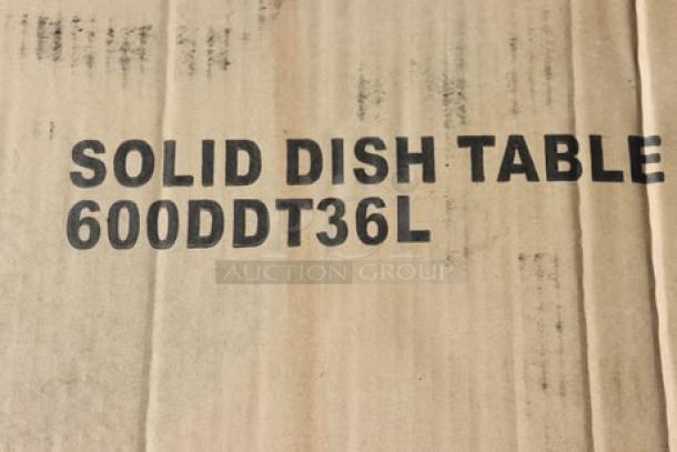 Brand new Regency SDT-36L 3' soiled dish table with left drainboard, 16-gauge, features durable construction.