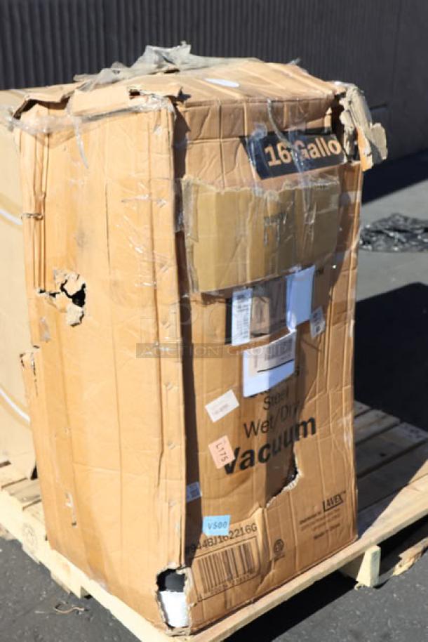 Lavex 16 Gallon Stainless Steel Wet/Dry Vacuum, Model 944BJ162216G. New, damaged box. Includes toolkit. 100-120V, 1200W.