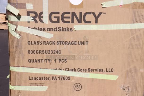 Regency GRSU2324CT stainless steel glass rack storage unit, 23"x24", corrugated top, new with damaged packaging, possible scratches/dents.