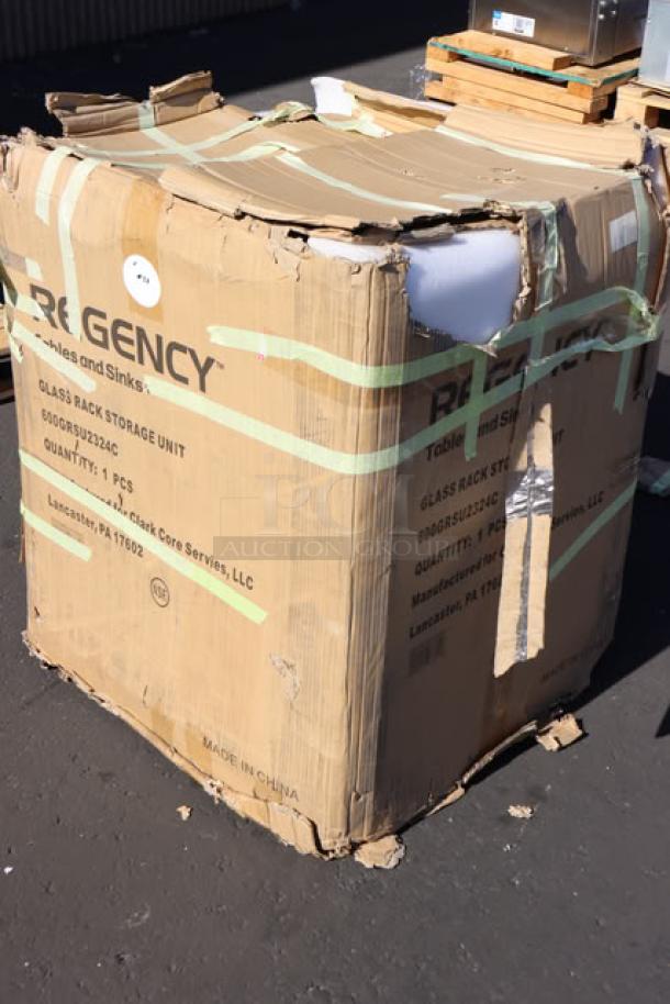 BRAND NEW Regency GRSU2324CT Stainless Steel Glass Rack Storage Unit, 23" x 24". Original packaging damaged, potential scratches and dents.