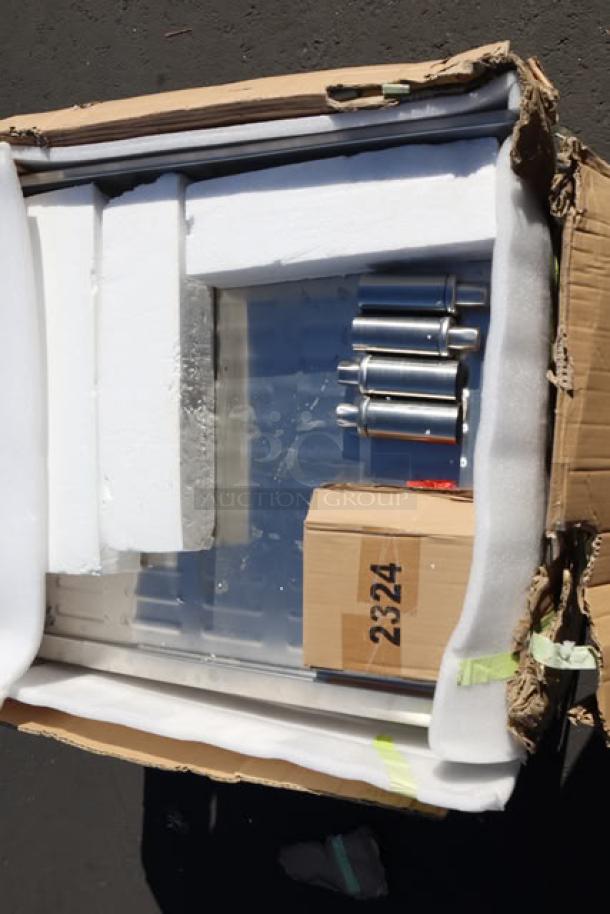 BRAND NEW Regency GRSU2324CT stainless steel glass rack unit, 23"x24". Original packaging damaged; potential scratching/denting.