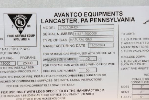 Brand new Avantco Chef Series CAG-R-4-24, 4-burner gas countertop range. 100,000 BTU, S/N: 1163717000008. Out of packaging, may have minor scratches.