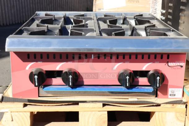 Avantco Chef Series 24" 4 Burner Gas Countertop Range, model CAG-R-4-24. New, minor scratches, no original packaging.