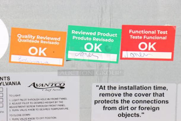 Avantco Chef Series CAG-R-4-24 gas range tags indicating quality and functional tests as OK.