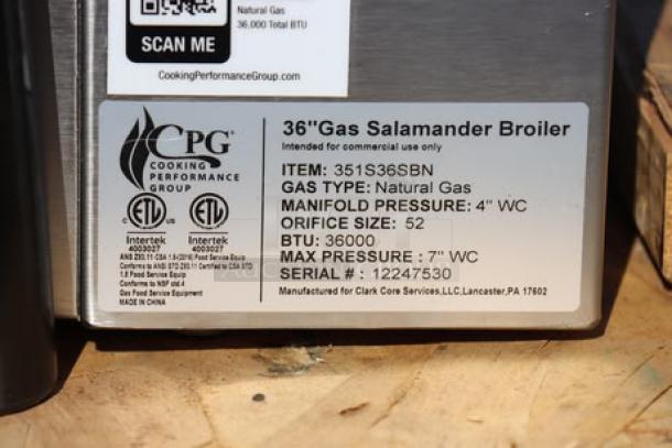Cooking Performance Group S-36-SB-N 34" Natural Gas Salamander Broiler, 36,000 BTU, model/serial details visible.