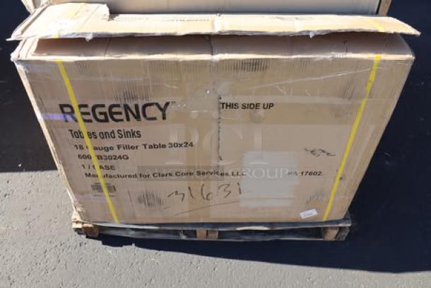 Regency WT-243038-S 30"x24" stainless steel table in original damaged box, may have scratches/dents, missing parts.