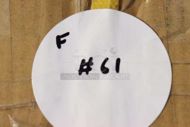 Cardboard with a round white label marked "F #61" in bold black text.