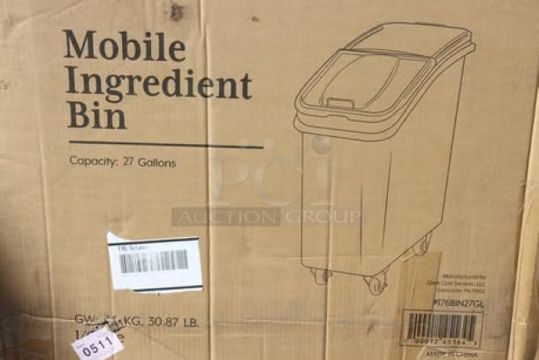 Baker's Lane 27 Gallon White Slant Top Ingredient Bin, Model 176BIN27GL, with sliding lid and scoop; packaging has minor damage.