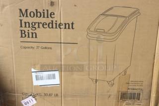 Baker's Lane 27 Gallon White Slant Top Ingredient Bin, Model 176BIN27GL, with sliding lid and scoop; packaging has minor damage.