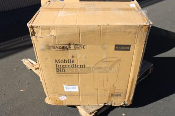 Brand new Baker's Lane 27-gallon ingredient bin, model 176BIN27GL. Box shows minor damage.