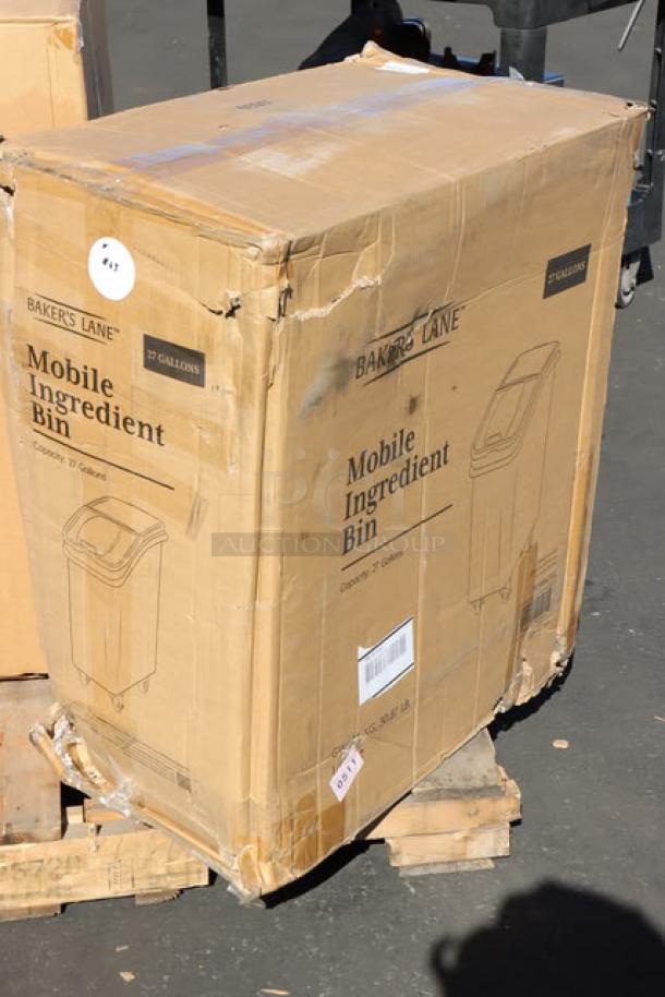 BRAND NEW Baker's Lane 27 Gallon Mobile Ingredient Bin with Sliding Lid & Scoop. Packaging shows minor damage. Model 176BIN27GL.