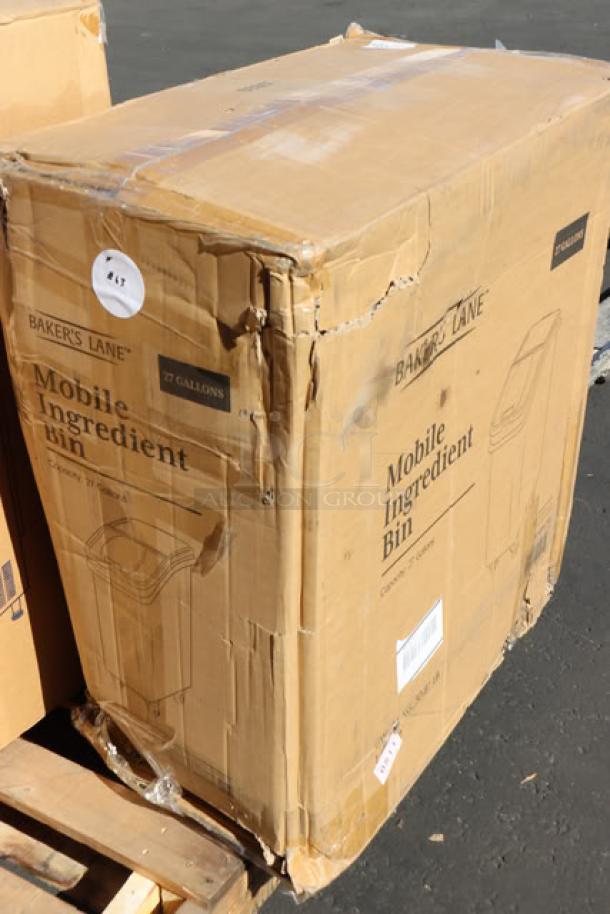Brand new Baker's Lane 27 Gallon Mobile Ingredient Bin, model 176BIN27GL, in original packaging with minor damage.