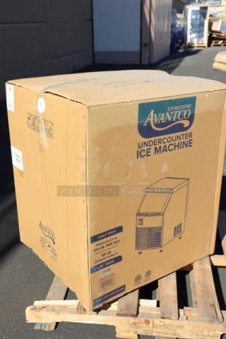Brand new Avantco Ice UC-H-280-A undercounter ice machine in box, 26", air-cooled, 299 lb., 115V, 8.6A, 1 phase.
