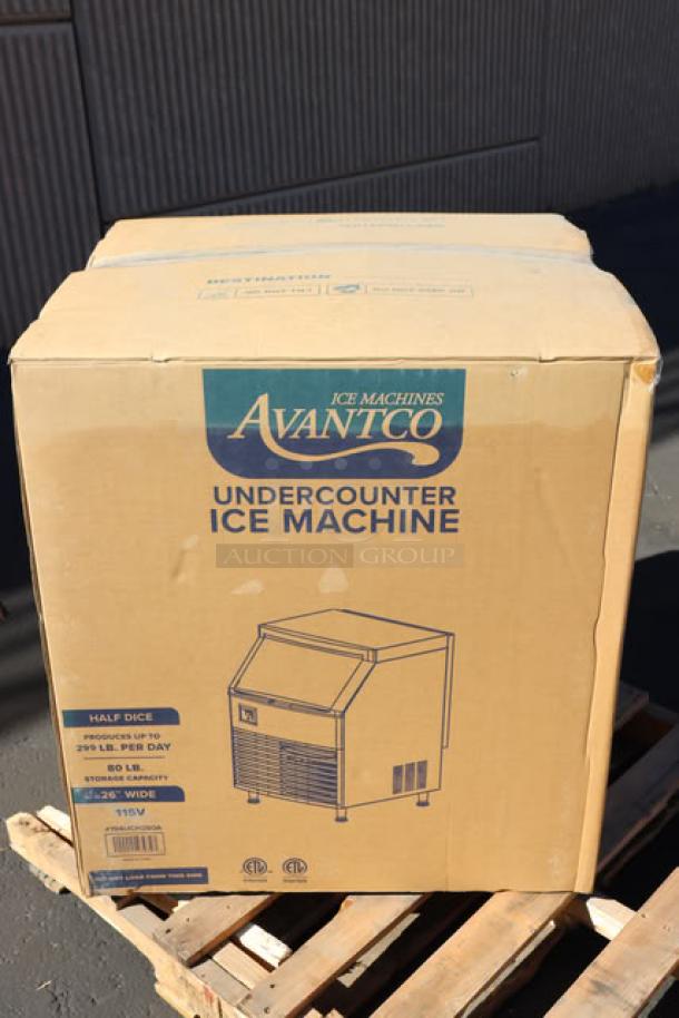 Brand new Avantco Ice UC-H-280-A 26" undercounter ice machine in box, 299 lb. capacity, air-cooled, 115V, 8.6A, 1 phase.