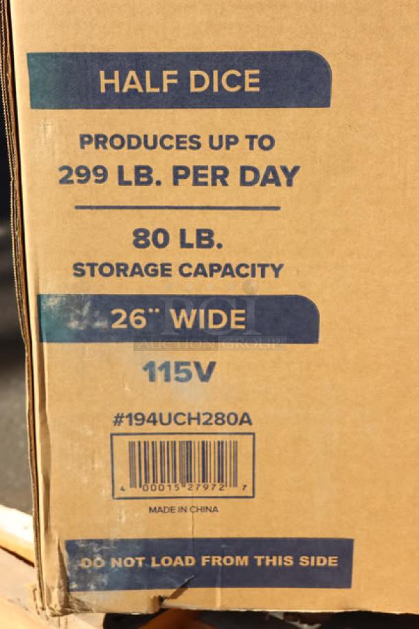 Brand new Avantco Ice UC-H-280-A undercounter half cube ice machine in box, 299 lb/day, 26" wide, 115V, S/N: 194UCH280A-25060008.