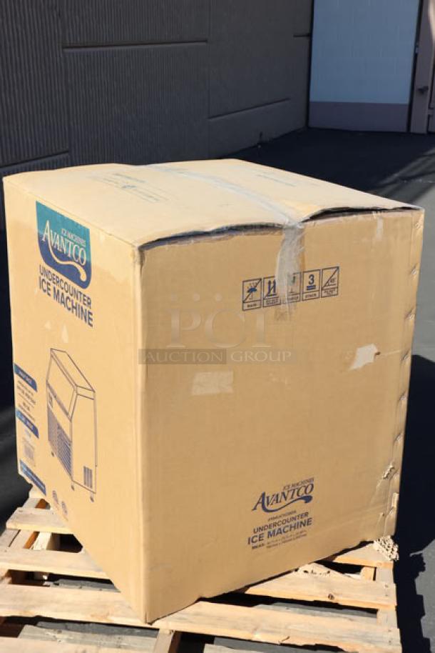 Brand new Avantco Ice UC-H-280-A 26" undercounter ice machine in sealed box, 115V, 8.6A, 299 lb capacity.