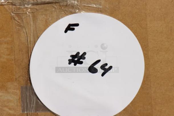 Cardboard box with a round white label marked "F #64." Item inside: Avantco Ice UC-H-280-A half cube ice machine.