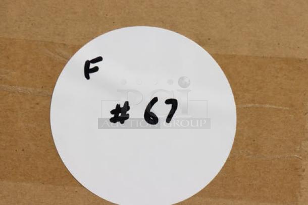 Brown cardboard box labeled with "F #67" in black marker.