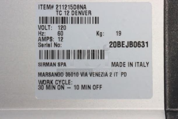 Sirman 211215D8NA TC #12 Denver Electric Meat Grinder label showing model, voltage, amperage, and serial number. Made in Italy.
