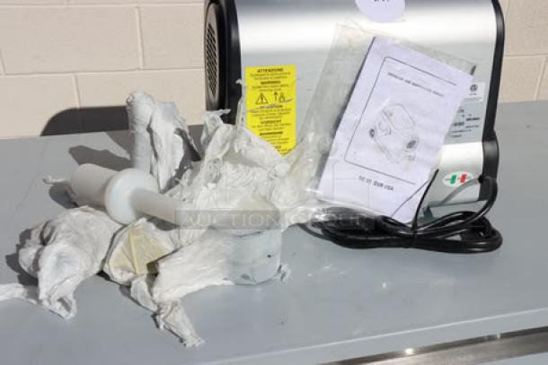 Sirman 211215D8NA TC #12 Electric Meat Grinder, 120V, shown unboxed with manual and accessories, minor scratches possible.