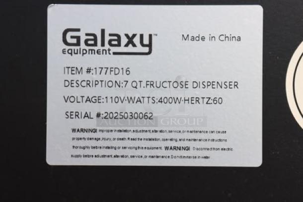 Galaxy CK-16A fructose dispenser label, item #177FD16, 110V, 400W, serial #2025030062. 7 qt capacity, made in China.