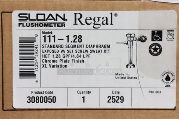 BRAND NEW Sloan 3080050 Regal Chrome Flushometer, 1.28 GPF, top spud fixture connection, exposed manual, model label shown.