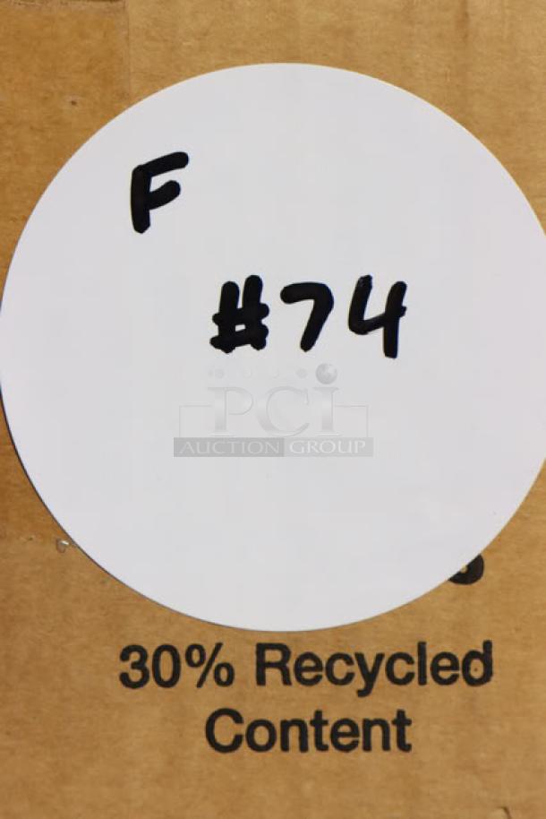 Cardboard box with a circular label marked "F #74". Text below indicates "30% Recycled Content."