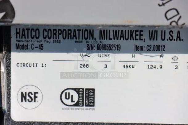 Brand new Hatco C-45 compact booster water heater, 208V, 3 phase, 45 kW. S/N: 6060552519. NSF and UL certified.
