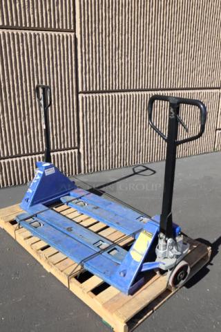 Lavex 27" x 71" manual pallet jack, 4,400 lb. capacity, blue, dual handles, visible wear, sturdy construction.