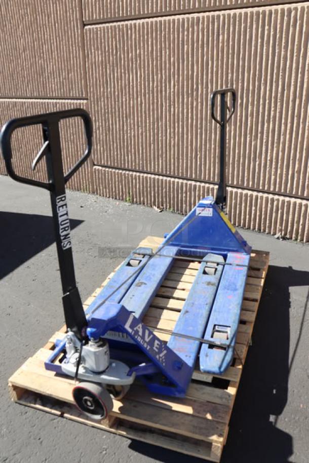 Lavex 27" x 71" Manual Pallet Jack, 4,400 lb. capacity, blue, sturdy condition, visible branding, placed on a wooden pallet.
