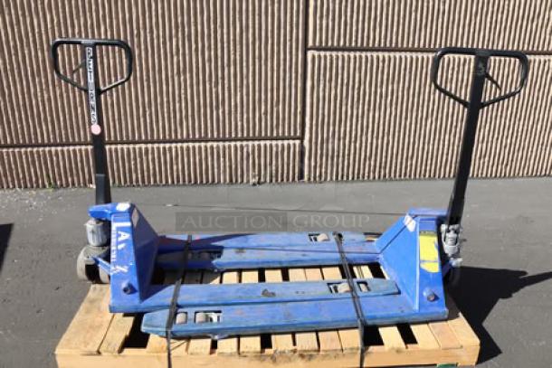 Lavex Manual Pallet Jack, 27"x71", blue, 4,400 lb. capacity, features hand grips and wheels, used condition.