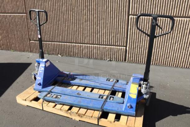 Lavex 27" x 71" manual pallet jack, 4,400 lb. capacity, blue, dual handles, visible wear, marketed for 2x your bid.