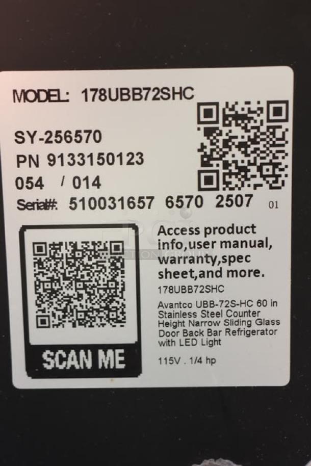 Alt text: "Avantco UBB-72S-HC 73-inch black back bar refrigerator label with model, serial number, QR code, and specs."