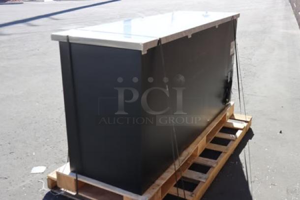 Brand new Avantco UBB-72S-HC bar refrigerator, black, narrow sliding glass doors, on pallet, minor scratches.