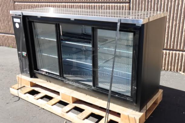Brand new Avantco UBB-72S-HC 73" black back bar refrigerator with LED lighting, sliding glass doors, 115V, on pallet.