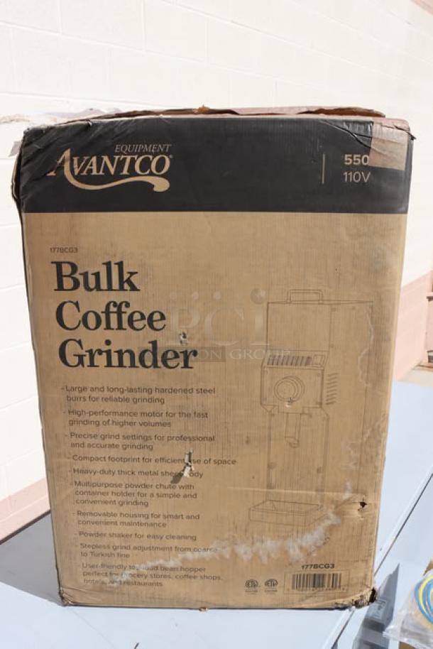 Brand new Avantco BCG3 Bulk Coffee Grinder, 3 lb. capacity, 110V, in original box. Features precise grind settings. Box shows some wear.