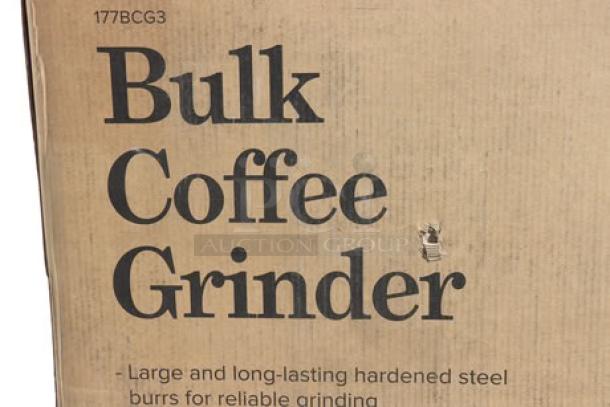 Brand new Avantco BCG3 bulk coffee grinder box. Features hardened steel burrs for reliable grinding. Model 177BCG3.