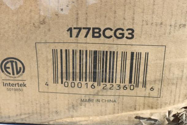 New Avantco BCG3 3 lb. Bulk Coffee Grinder in box, model 177BCG3, 110V, ETL certified, barcode visible, made in China.