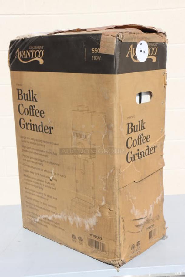Brand new Avantco BCG3 coffee grinder in original box. Box shows slight wear. 3 lb capacity, 110V, model BCG3.