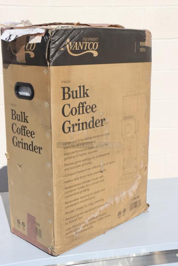 Brand new Avantco BCG3 3 lb. Bulk Coffee Grinder in original box. Box shows slight wear. Model: BCG3, 110V.