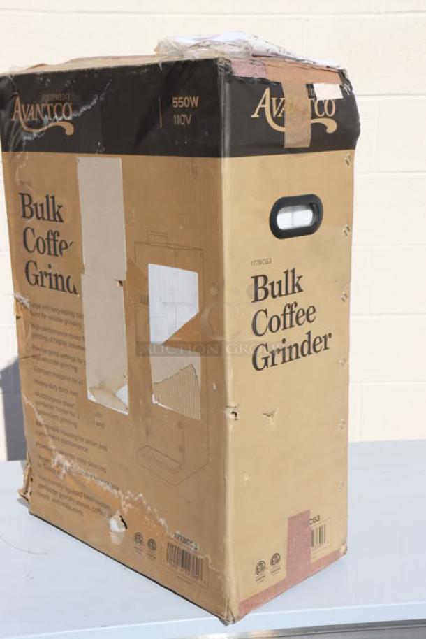 Brand new Avantco BCG3 3 lb. Bulk Coffee Grinder, 110V, in original box with visible handling wear, model BCG3 label shown.